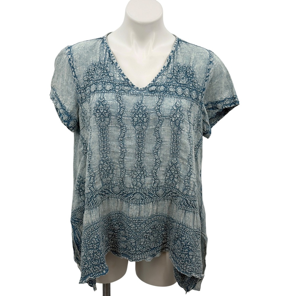 Kyla Seo Top Women M Blue Lagenlook Embroidered Linen Handmade Western Comfort